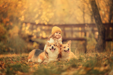cute little girl with two dogs sitting in the park together
