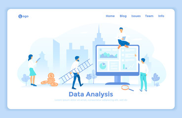 Obraz na płótnie Canvas Data Analysis, Accounting, Analytics, Report, Research, Planning. Charts, diagrams, graphs on the monitor screen. landing web page design template decorated with people characters.