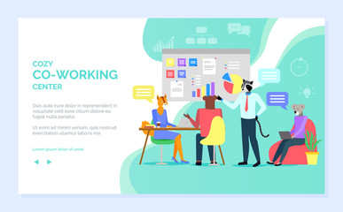 Cozy coworking center vector, office meeting of hipster animals working on new project, raccoon and fox, whiteboard with ideas and results. Website or webpage template, landing page flat style