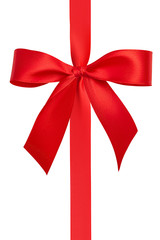 Top view of a beautiful bright simple plain handmade bow with two loops and a vertical red shiny silk ribbon isolated on a white background. Close up design elements. Clipping path