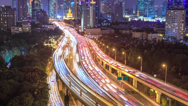 Shanghai city center heavy traffic overpass road,time lapse.