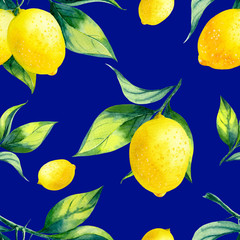 A seamless lemon pattern on blue background.