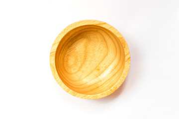 Close up of empty wooden bamboo bowl isolated on white background.