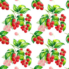 A seamless raspberry pattern on white background.