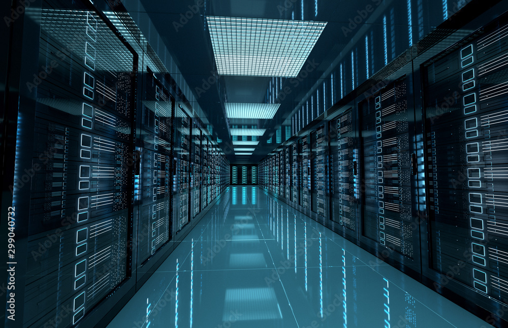 Poster dark servers center room with computers and storage systems 3d rendering