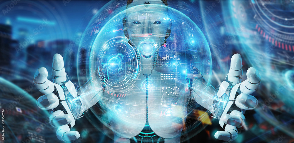 Poster white humanoid robot using digital technological interface with datas 3d rendering