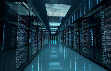 Dark servers center room with computers and storage systems 3D rendering