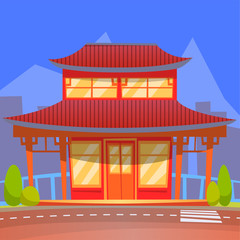 Fototapeta premium Oriental style of architecture, japanese or chinese restaurant with typical construction and roof type. Cityscape and exterior of eatery facade. Vector illustration in flat cartoon style