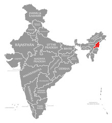 Nagaland red highlighted in map of India