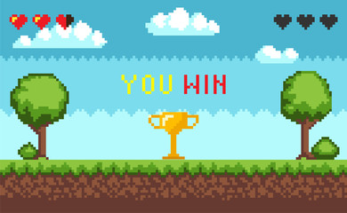 Computer pixel game interface, text you win over golden trophy goblet. Arcade game world and pixel scene design vector. Pixelated ground with grass, trees and layers, clouds at sky. 8 bit video-game