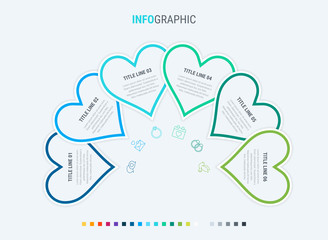 Colorful diagram, heart infographic template. Timeline with 6 hearts. Love workflow process for valentines. Vector design. Cold palette.