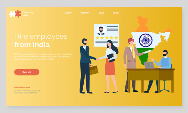 Man hiring employees from oriental countries, indian workers on interview with director of organization. Businessman with people, recruiting. Website or webpage template, landing page flat style