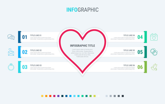 Infographic template. Love is in the air. 6 steps hearted design with beautiful colors. Vector timeline elements for presentations. Cold palette.