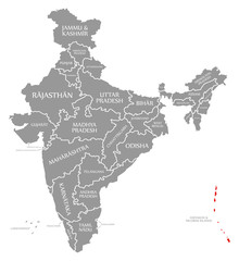 Andaman and Nicobar Islands red highlighted in map of India