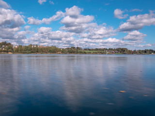 landscape with beautiful cloud reflections of lake water, calm water surface