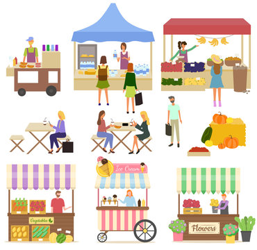 Tent with milk products, vegetables and flowers, coffee and fastfood bus. Women eating outdoor, people buying food, ice-cream and fruit, retail. Festival market. Vector illustration in flat cartoon