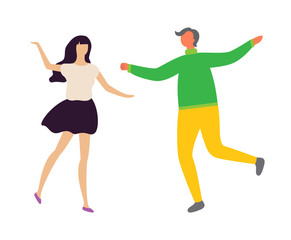 Happy dancing couple at disco club, man and woman in dance isolated characters. Vector crazy dancers at party, moving and posing lovers. Vector illustration in flat cartoon style