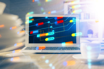 Technology theme drawing and table with computer. Multi exposure. Concept of information.