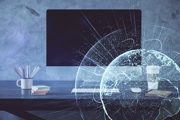 Computer on desktop with social network theme icon. Multi exposure. Concept of international connections.