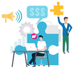 Business man with laptop sitting in office icon of lock and protection. Security and puzzles. Businessman with jigsaw pieces bullhorn megaphone. Teamwork concept. Join our team. Vector in flat style
