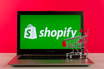 Tula, Russia - AUGUST 18, 2019: Shopify logo displayed on a modern laptop on desk