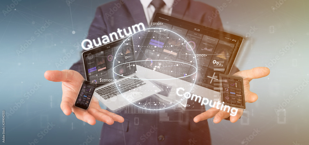 Poster businessman holding quantum computing concept with qubit and devices 3d rendering