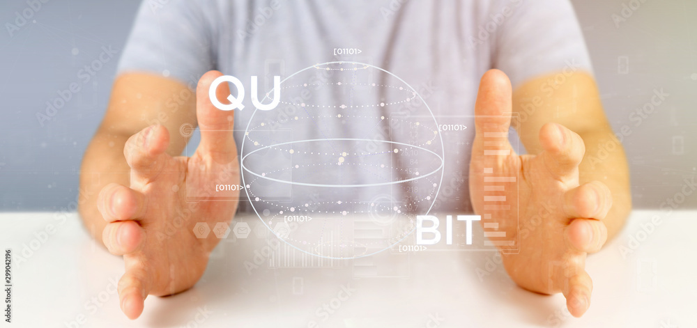Poster businessman holding quantum computing concept with qubit icon 3d rendering