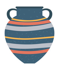 Striped crockery container with handles, isolated vase or vessel. Earthenware craft, retro cup. Ancient traditional ceramic jug, vintage pottery. Vector illustration in flat cartoon style