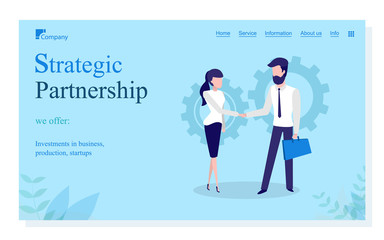 Strategic partnership vector, man and woman handshake of people. Person agreeing on contract, businessman and businesswoman on conference. Website or webpage template, landing page flat style
