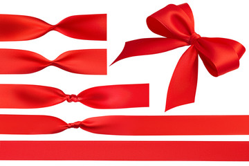 Side view of stunning perfect beautiful handmade bow with four loops and a set from red silk shiny...