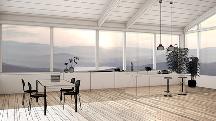 Empty white interior with parquet floor and panoramic window with mountains, custom architecture design project, black ink sketch, blueprint showing minimal kitchen with island