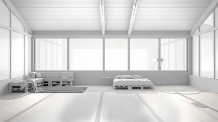 Total white project draft of panoramic bedroom with windows on mountain valley, diy bed made with pallet, wooden sofa with pillows, carpet rug, modern architecture interior design