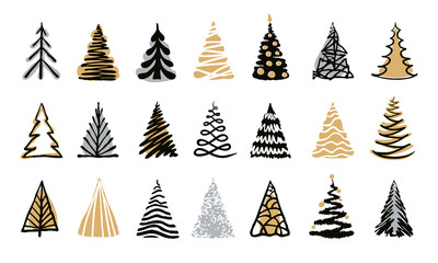 Hand drawn doodle christmas tree set. Gold silver color sketch style holiday trees. New year vector symbol. Simple artistic line stroke. Many group silhouette decor icons isolated on white background