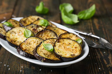 Fried eggplant with herbs. Healthy snack
