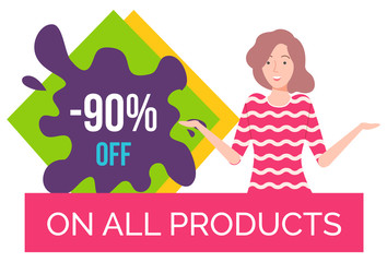 Hot sale on products of premium quality. Good deal for people. Happy brunette girl offering. Best price with discount on sale store. Woman on black friday sale. White background vector illustration