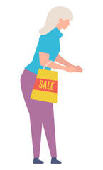 Woman shopping, isolated female character with grey hair holding bag with sale sign. Promotions and offers at shop, stores with prepositions. Vector illustration in flat cartoon style
