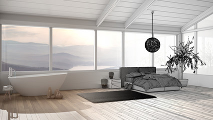 Architect interior designer concept: unfinished project that becomes real, panoramic luxury bedroom with windows, double bed with duvet, bathtub, olive tree, modern interior design