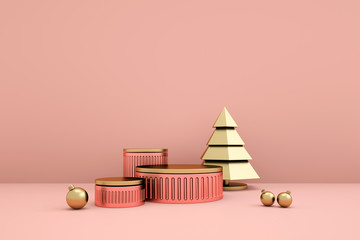 Merry Christmas and Happy New Year 3d rendering with xmas balls, christmas tree, platform for product presentation, mock up. Winter decoration, xmas minimal design