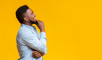 Profile portrait of smiling black guy touching his beard