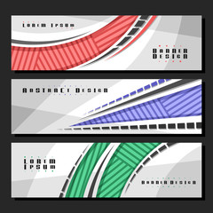 Vector set of horizontal futuristic Banners, 3 layouts for website headers with geometric abstract pattern and copy space for advertising text, design templates with gray background for presentation.