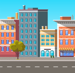 City street vector, empty town with old houses and buildings with fancy rooftops. Urban area residential constructions, skyscrapers and tree decor. Cityscape with houses facades. Flat cartoon