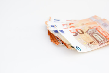 Pack euro money banknotes on white background. Euro cash background. Money savings concept.