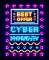 Cyber monday poster decorated by neon lights. Internet promotion in frame with shiny lines and star symbols. Gloving board best offer for shopping, information modern technology with lamps vector