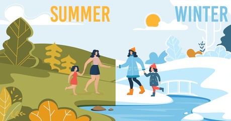 Summer and Winter Family Rest near River Flat Set