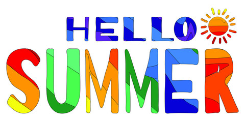 Hello summer - funny cartoon inscription and colorful drops. The inscription for banners, posters and prints on clothing (T-shirts). Set 2 in 1.