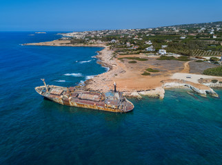 Old ship wreck near coast in Paphos Cyprus - aerial view