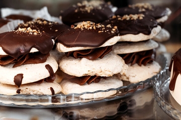 Cakes in cafe. Morning desserts, snack, high-calorie food.
