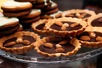 Cakes in cafe. Morning desserts, snack, high-calorie food.