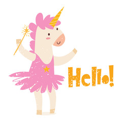 Cute magic unicorn image with lettering Hello