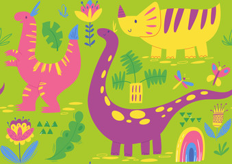 Vector seamless flat style pattern with cute dinosaur characters